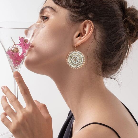 White and Gold Beaded Crystal Round Disc Boho Statement Dangling Hook Earrings - Picture 4 of 6